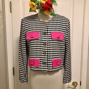 NWOT - Black & White Diamond Pattern Jacket with Hot Pink Flaps & Gold Buttons